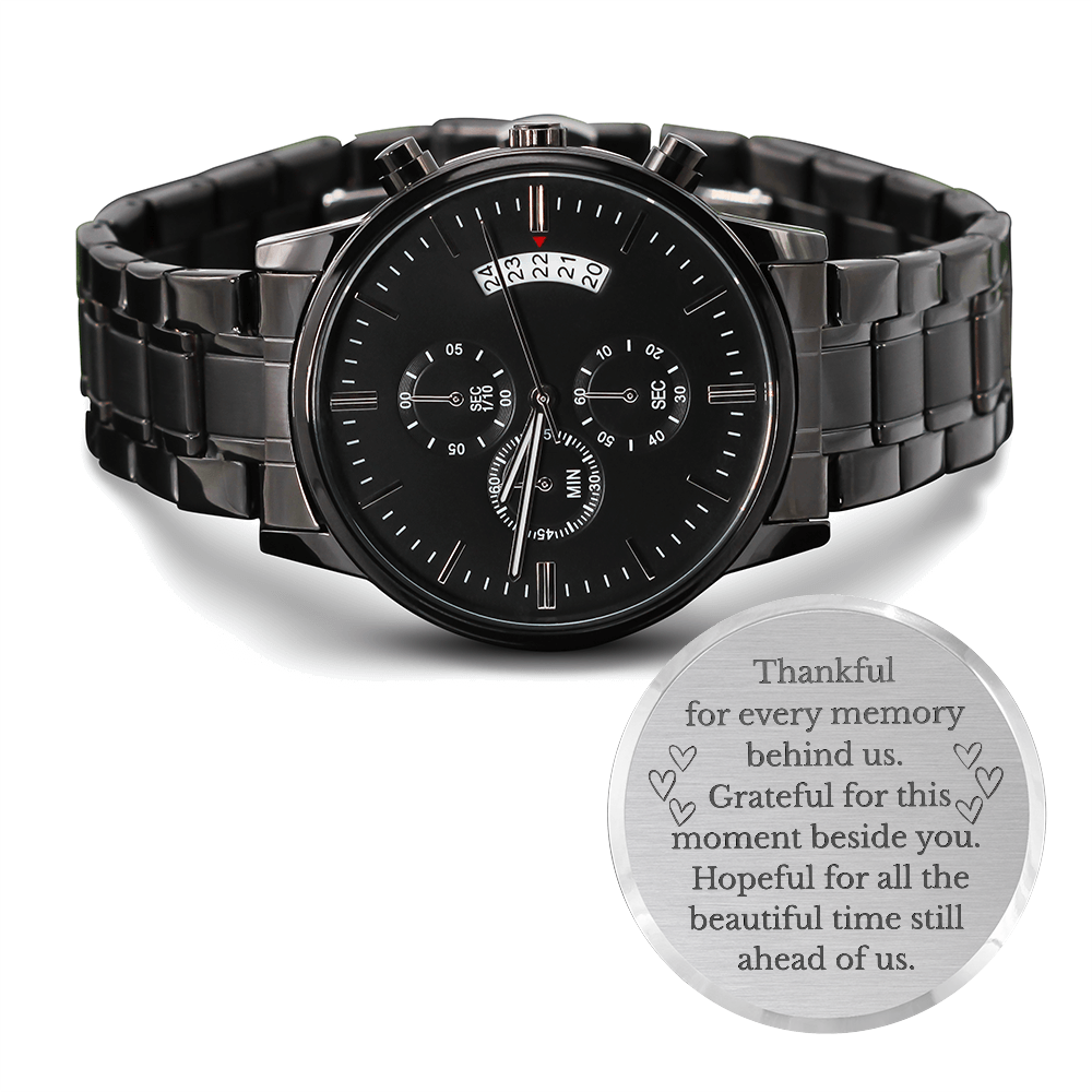 Thankful for Every Memory Engraved Black Chronograph Watch – A Gift for Him