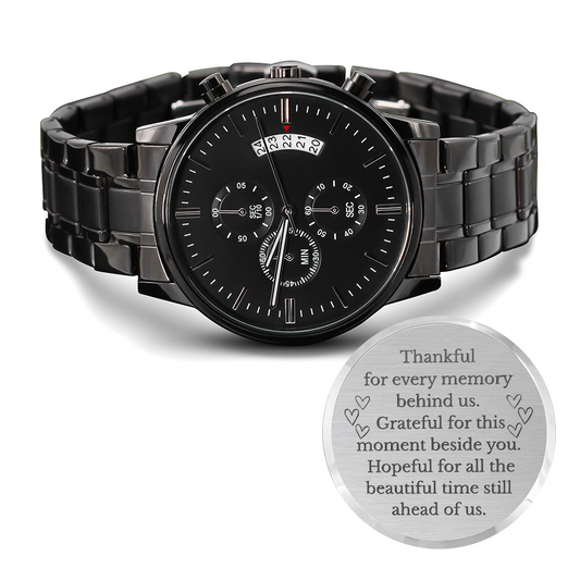Thankful for Every Memory Engraved Black Chronograph Watch – A Gift for Him