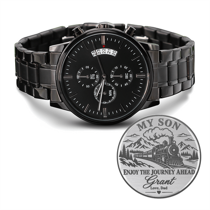 Personalized My Son Enjoy the Journey Ahead Black Chronograph Watch – Engraved Train Gift from Dad