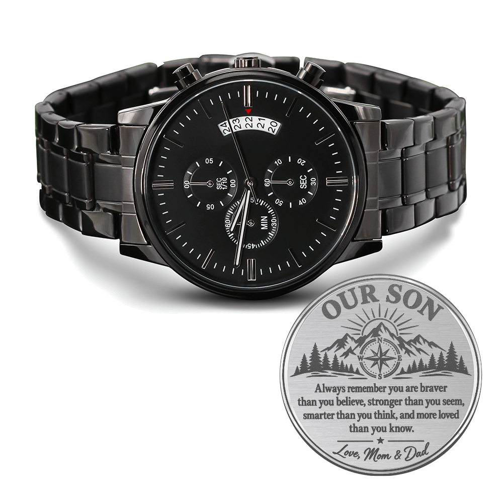 To Our Son Engraved Black Chronograph Watch – Inspirational Gift from Mom & Dad