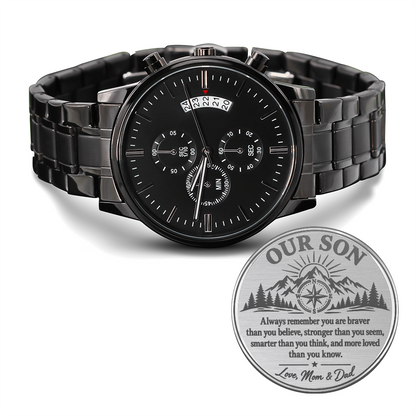 To Our Son Engraved Black Chronograph Watch – Inspirational Gift from Mom & Dad
