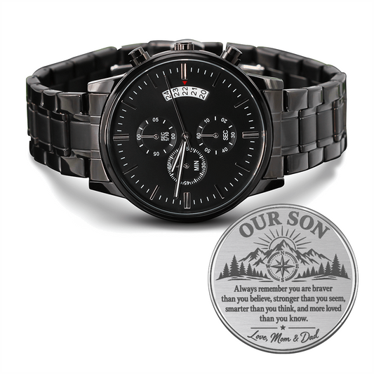 To Our Son Engraved Black Chronograph Watch – Inspirational Gift from Mom & Dad
