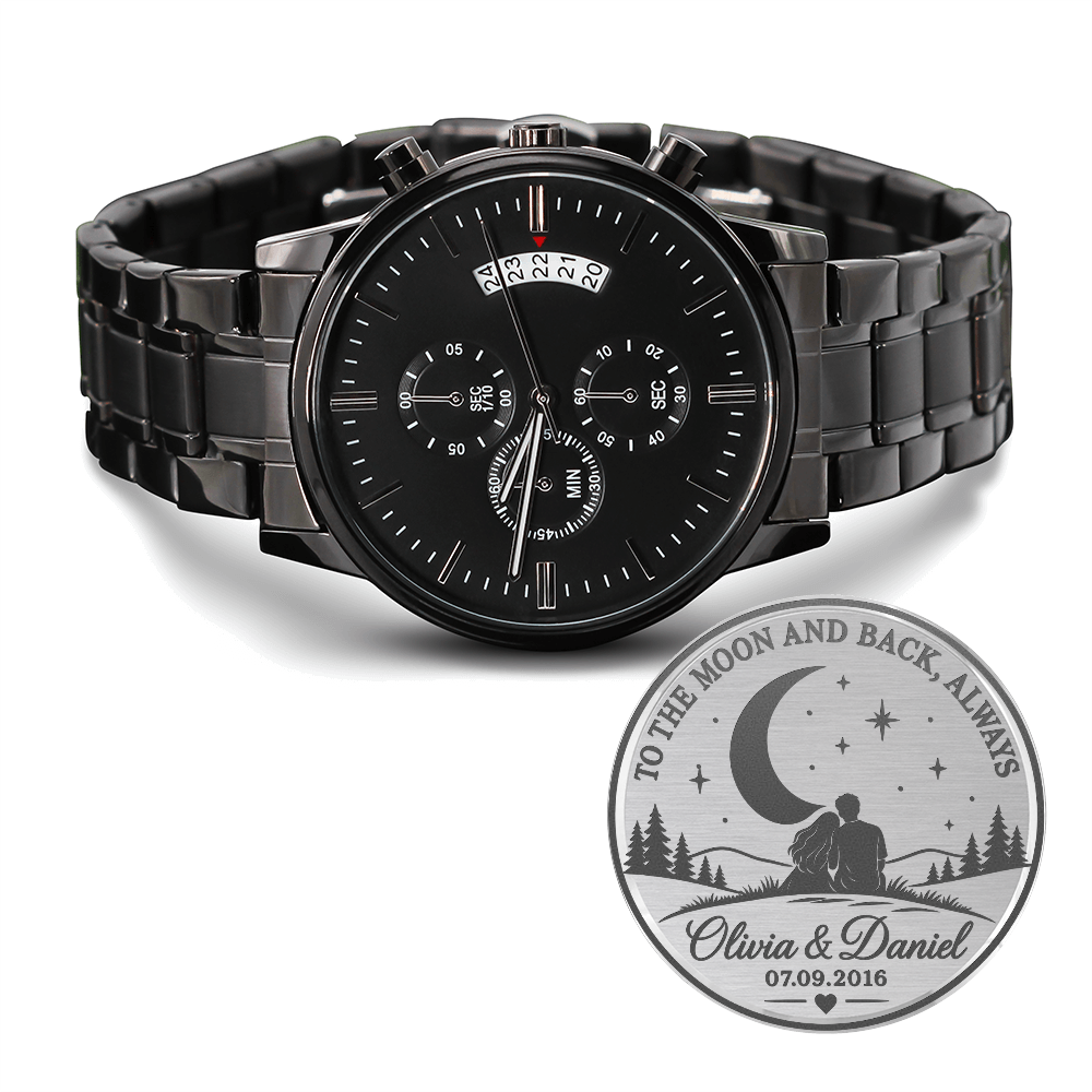Personalized To the Moon and Back Black Chronograph Watch – Romantic Engraved Gift for Him