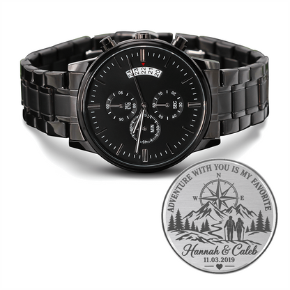 Personalized Adventure With You Black Chronograph Watch – Engraved Anniversary Gift for Him