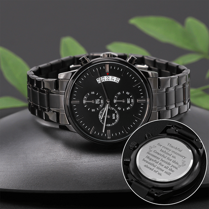 Thankful for Every Memory Engraved Black Chronograph Watch – A Gift for Him