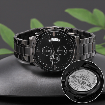 Personalized Adventure With You Black Chronograph Watch – Engraved Anniversary Gift for Him