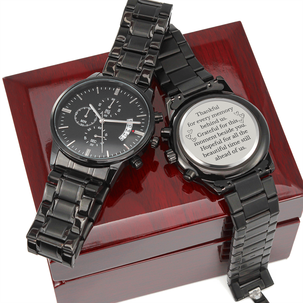 Thankful for Every Memory Engraved Black Chronograph Watch – A Gift for Him