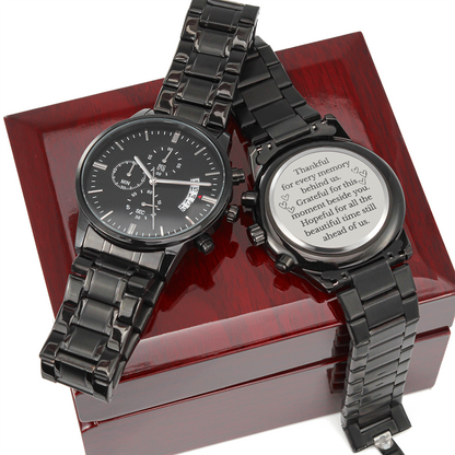 Thankful for Every Memory Engraved Black Chronograph Watch – A Gift for Him