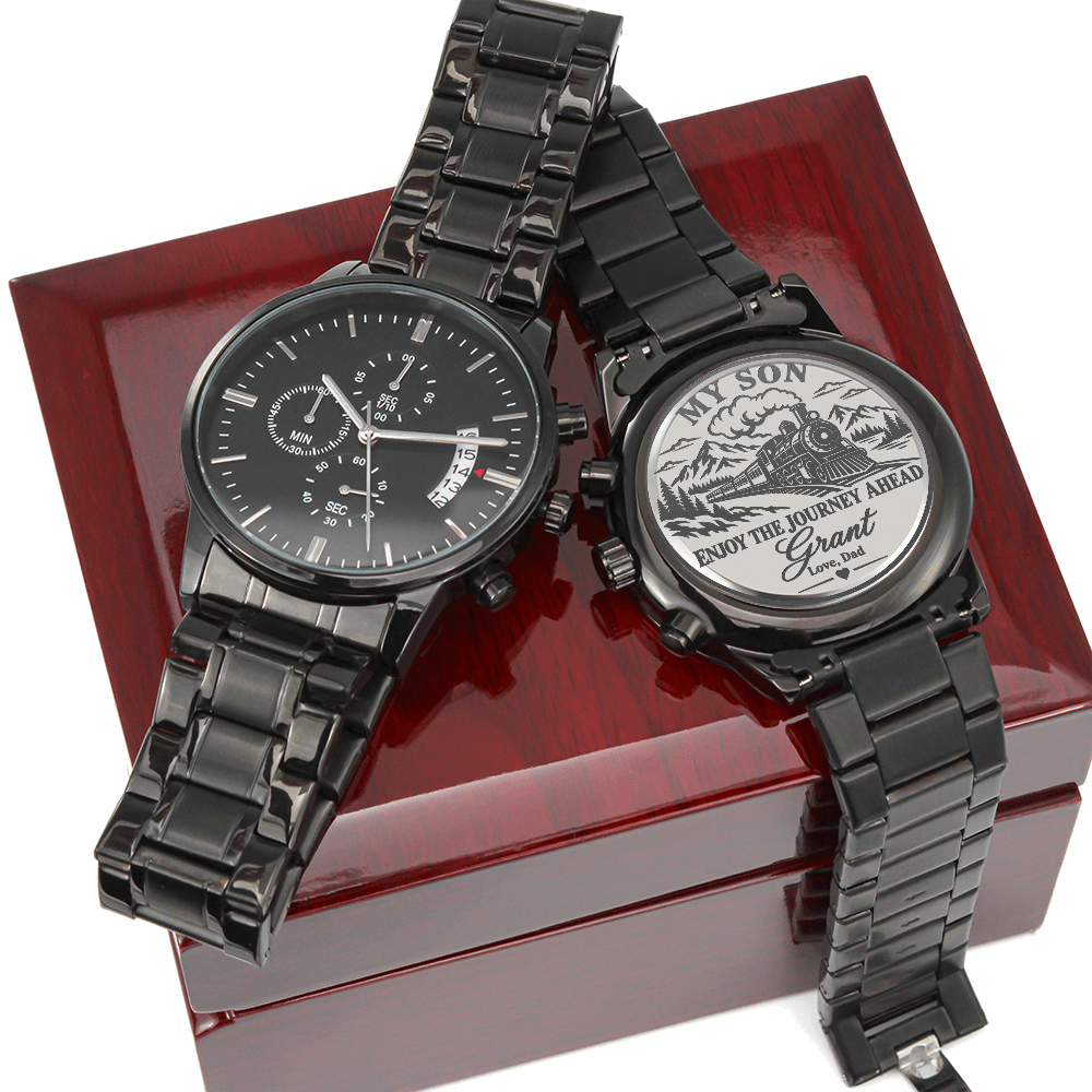 Personalized My Son Enjoy the Journey Ahead Black Chronograph Watch – Engraved Train Gift from Dad