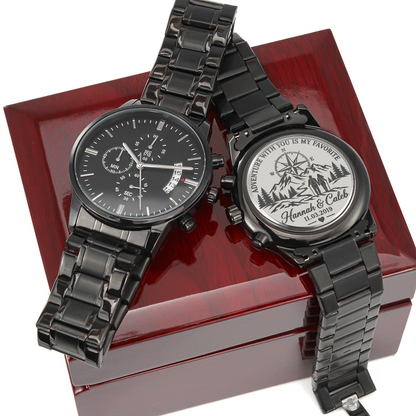 Personalized Adventure With You Black Chronograph Watch – Engraved Anniversary Gift for Him