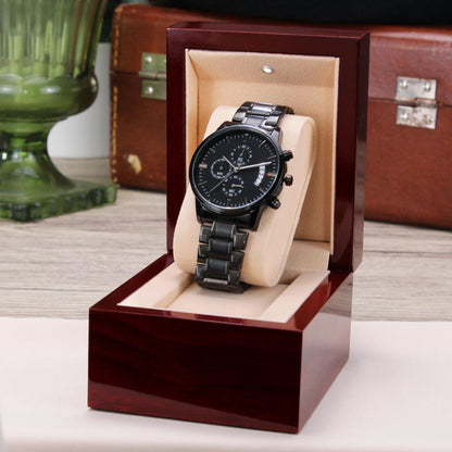 I Love Who We Are Engraved Black Chronograph Watch – Personalized Gift for Him
