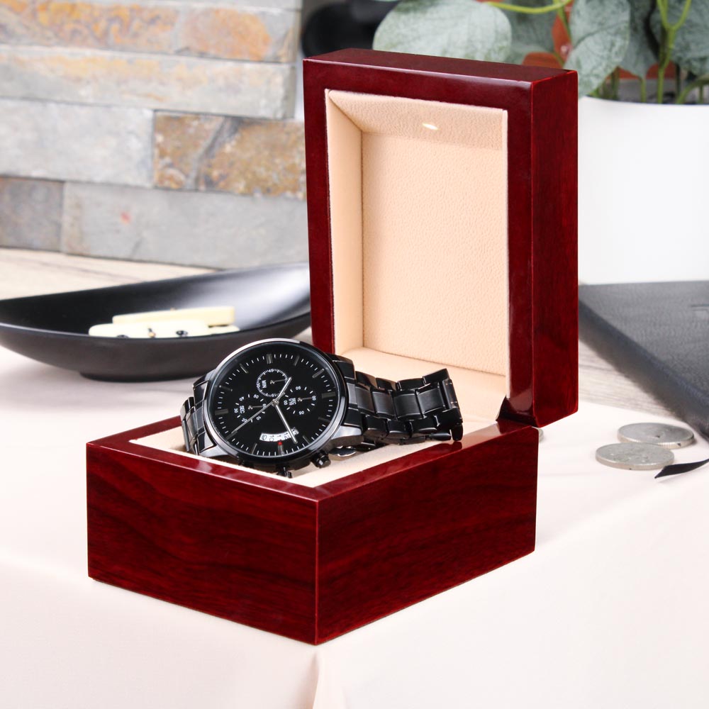 Personalized My Son Enjoy the Journey Ahead Black Chronograph Watch – Engraved Train Gift from Dad