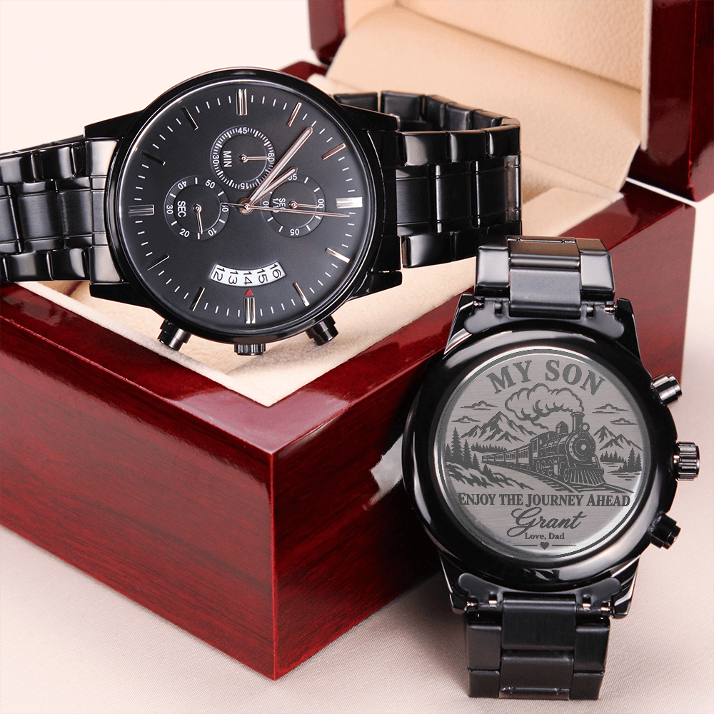 Personalized My Son Enjoy the Journey Ahead Black Chronograph Watch – Engraved Train Gift from Dad