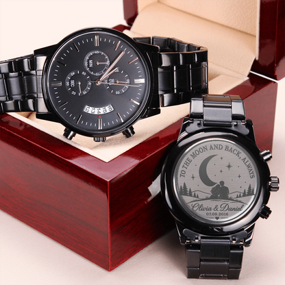 Personalized To the Moon and Back Black Chronograph Watch – Romantic Engraved Gift for Him