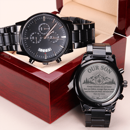 To Our Son Engraved Black Chronograph Watch – Inspirational Gift from Mom & Dad