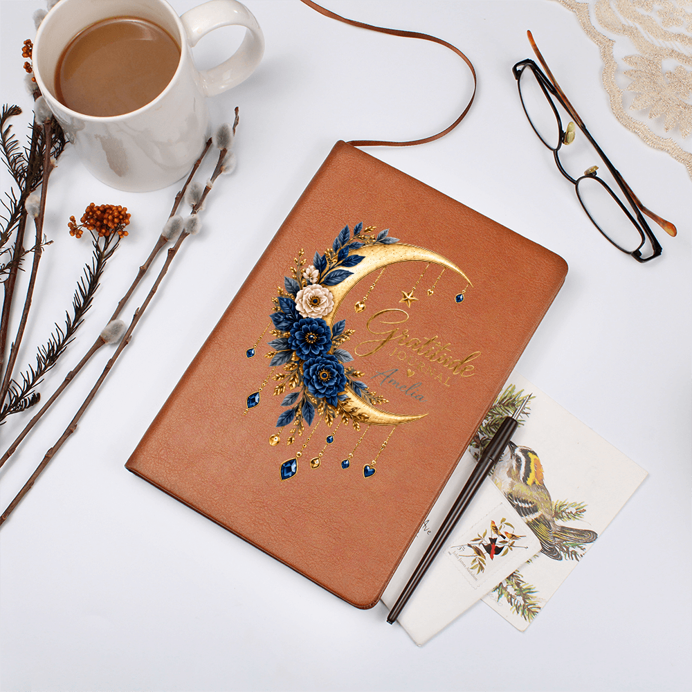 Personalized Gratitude Journal – Custom Name Moon & Floral Reflection Gift