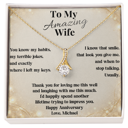 Yellow gold Alluring Beauty necklace on To My Amazing Wife anniversary message card