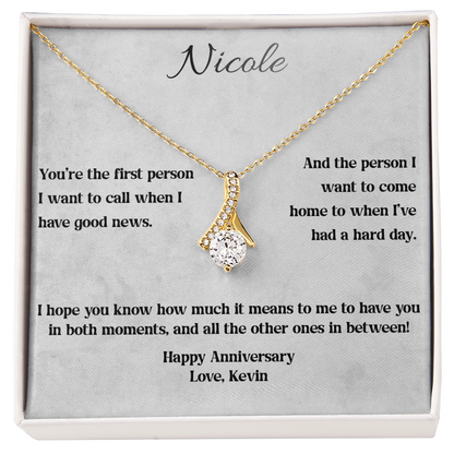 Yellow gold Alluring Beauty anniversary necklace on the Through Every Moment message card