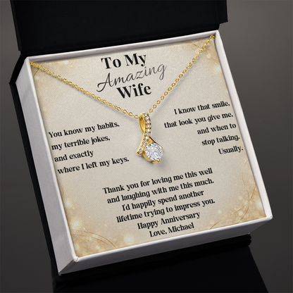 Yellow gold anniversary necklace displayed on the To My Amazing Wife card in a standard gift box