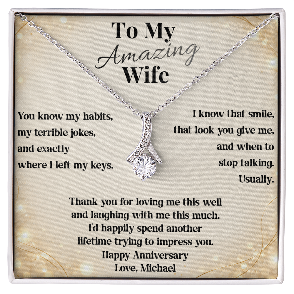 White gold Alluring Beauty necklace on To My Amazing Wife anniversary message card