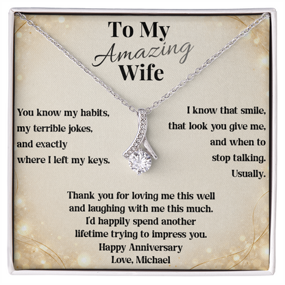 White gold Alluring Beauty necklace on To My Amazing Wife anniversary message card