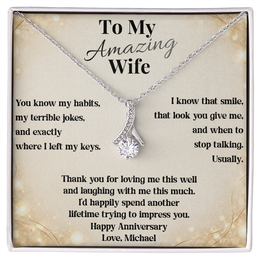 White gold Alluring Beauty necklace on To My Amazing Wife anniversary message card