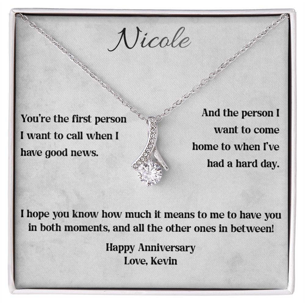 White gold Alluring Beauty anniversary necklace on the Through Every Moment message card