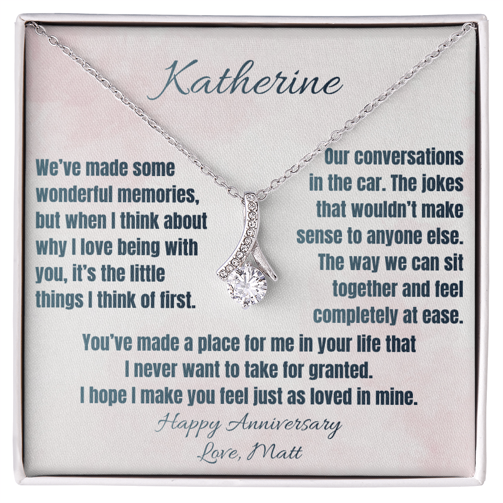 White gold Alluring Beauty necklace on The Little Things anniversary message card