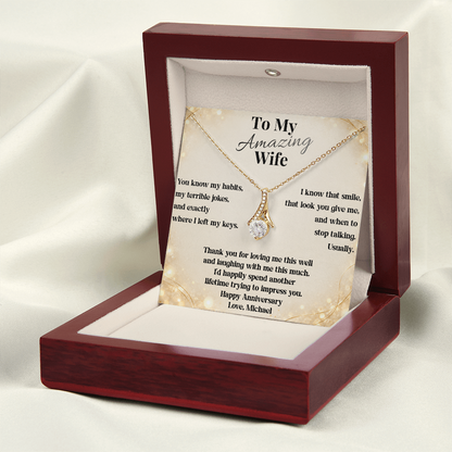 Yellow gold anniversary necklace and wife message card in the luxury LED gift box