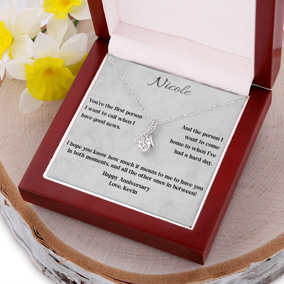 White gold Alluring Beauty necklace and anniversary card in a mahogany luxury gift box