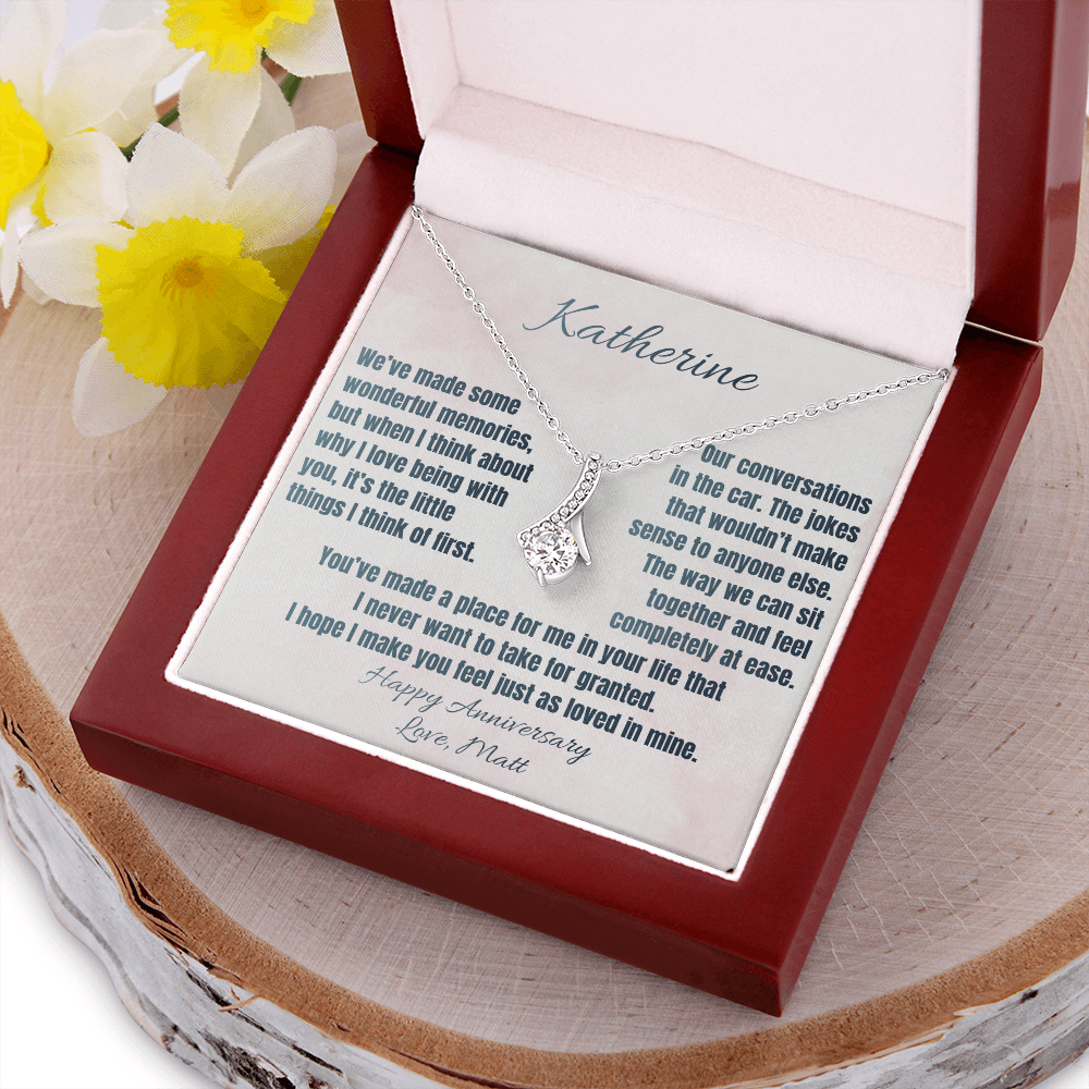 White gold anniversary necklace and Katherine message card in a mahogany luxury gift box