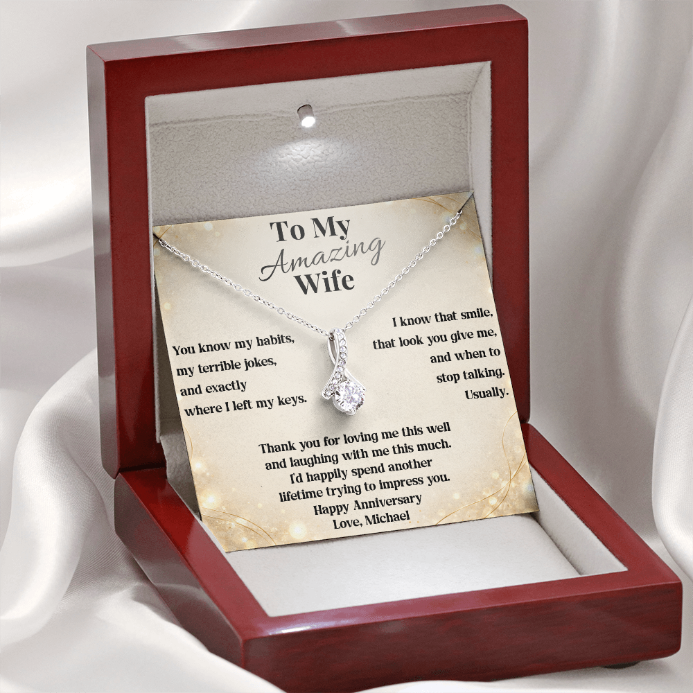 White gold anniversary necklace and To My Amazing Wife card in the luxury LED gift box