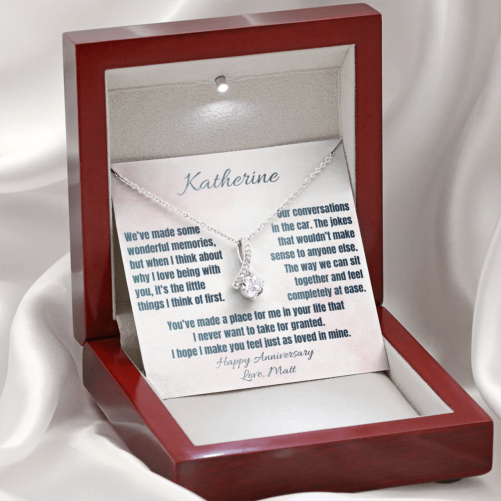 White gold anniversary necklace and Katherine message card in the luxury LED gift box