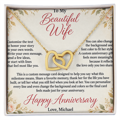 Personalized Anniversary Necklace for Her – Interlocking Hearts Custom Message Card