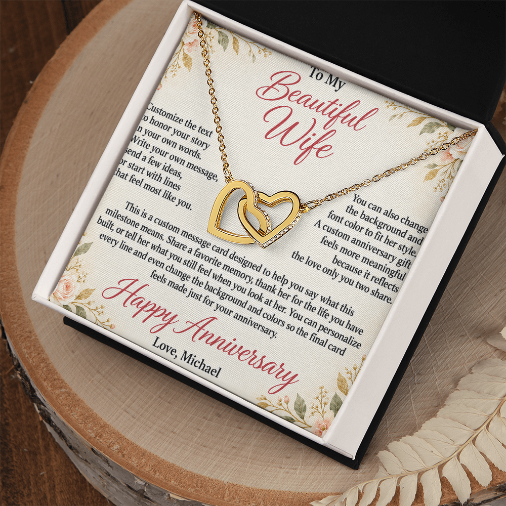 Personalized Anniversary Necklace for Her – Interlocking Hearts Custom Message Card