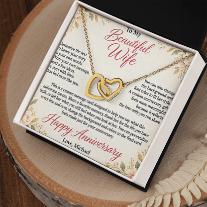 Personalized Anniversary Necklace for Her – Interlocking Hearts Custom Message Card
