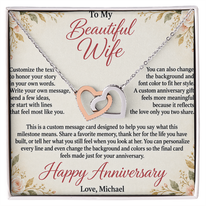 Personalized Anniversary Necklace for Her – Interlocking Hearts Custom Message Card