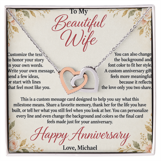 Personalized Anniversary Necklace for Her – Interlocking Hearts Custom Message Card