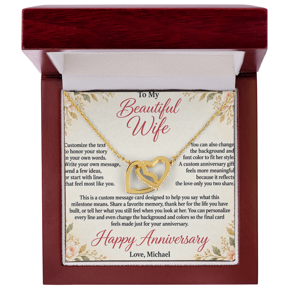 Personalized Anniversary Necklace for Her – Interlocking Hearts Custom Message Card