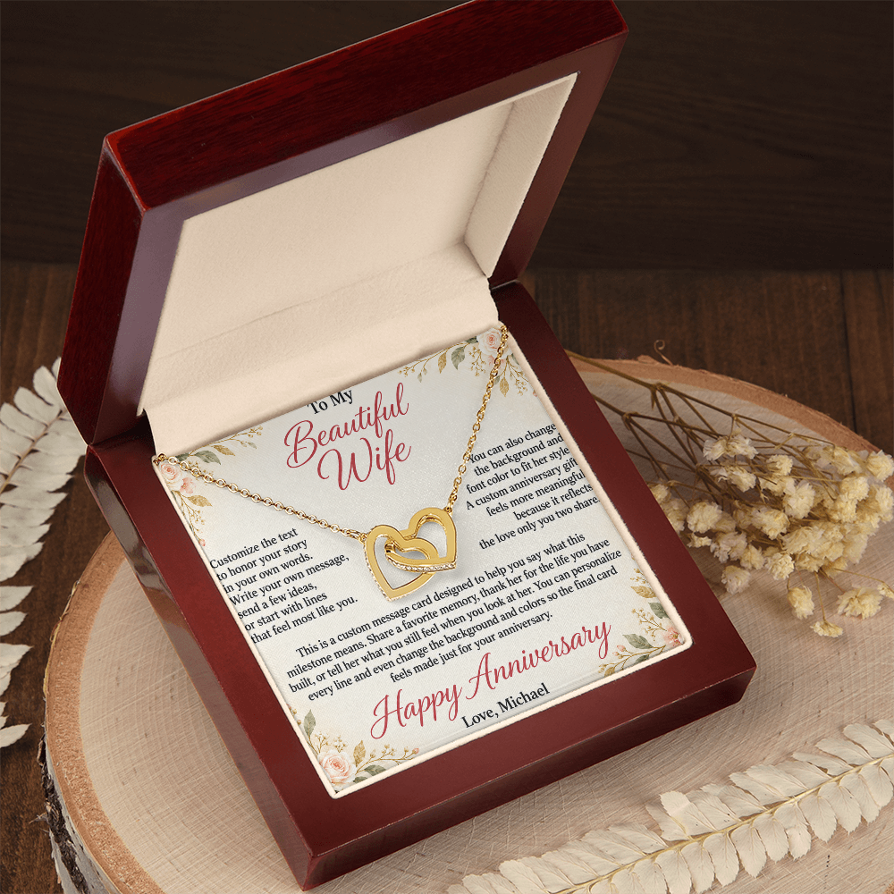 Personalized Anniversary Necklace for Her – Interlocking Hearts Custom Message Card