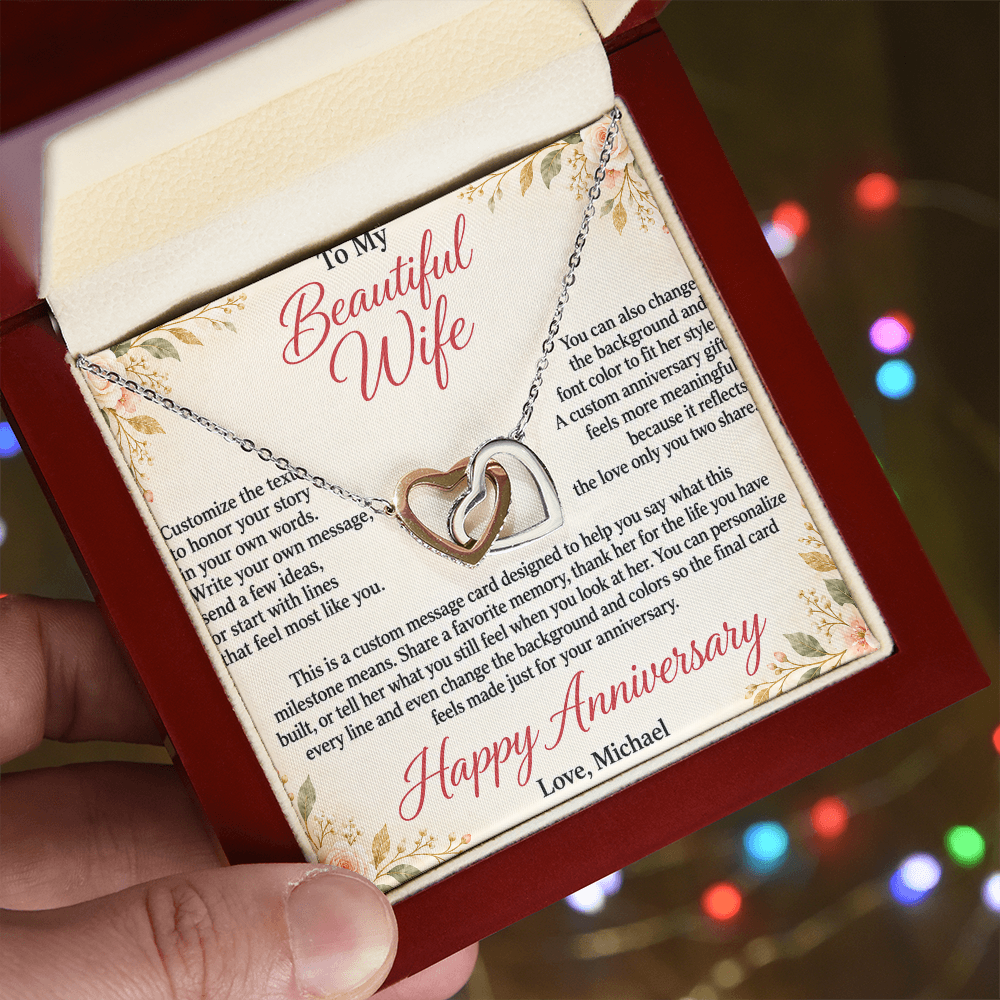 Personalized Anniversary Necklace for Her – Interlocking Hearts Custom Message Card