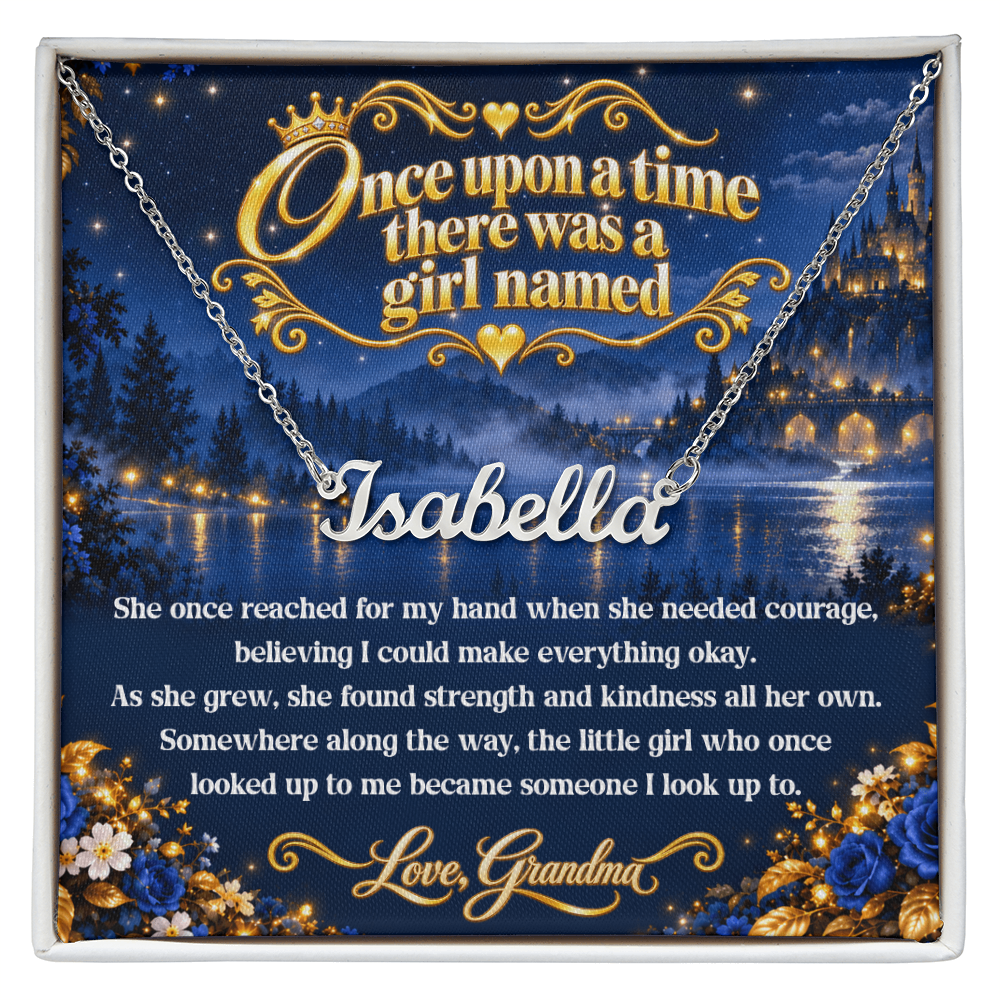 Silver-tone Isabella name necklace on a blue and gold Once Upon a Time message card from Grandma in a white gift box.
