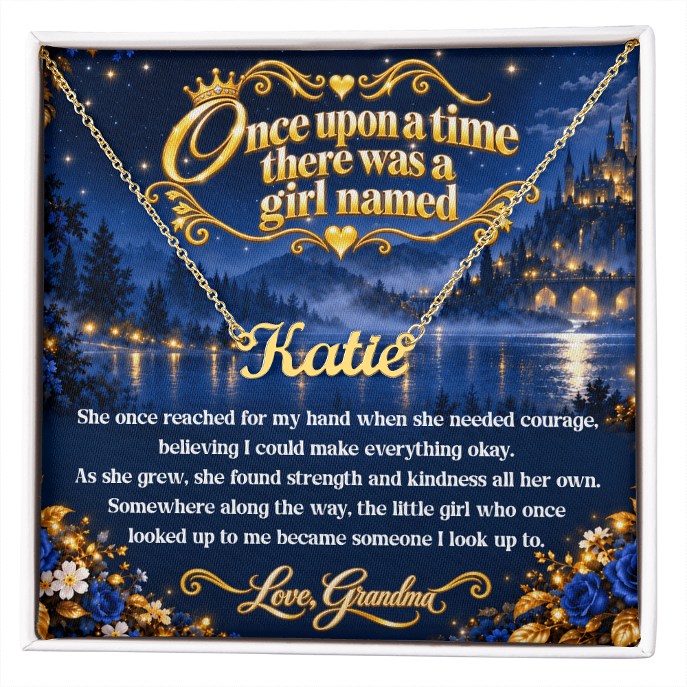 Gold-tone Katie name necklace on a blue and gold Once Upon a Time message card from Grandma in a white gift box.