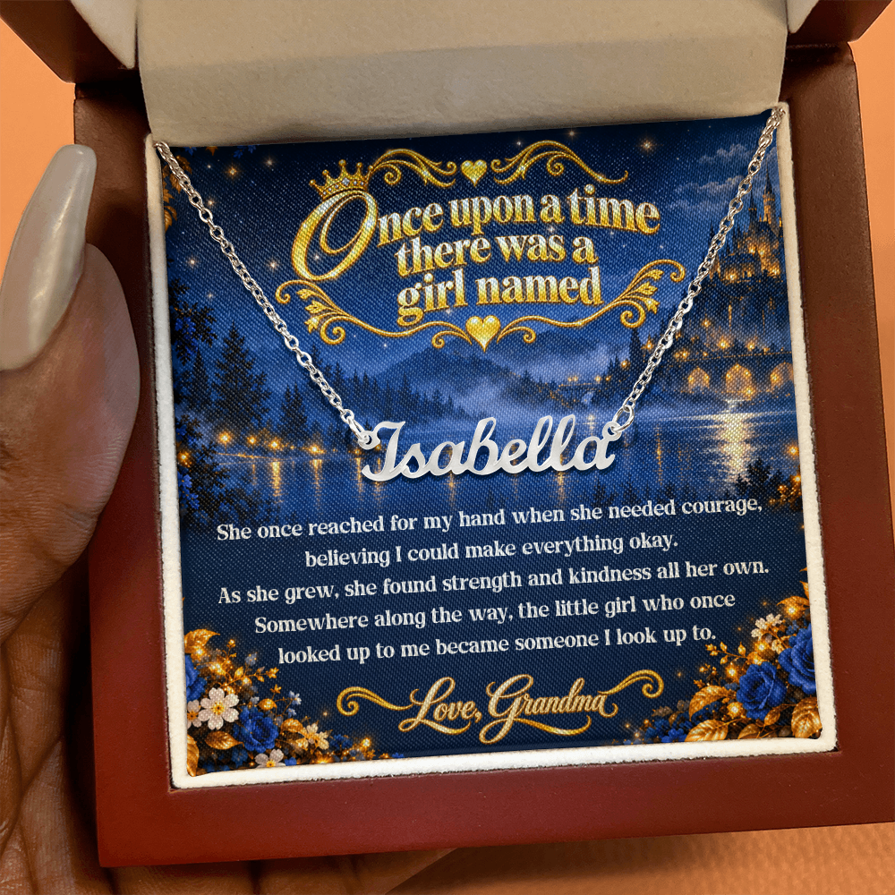 Silver-tone Isabella name necklace with a Once Upon a Time card from Grandma in an open wood-style gift box.