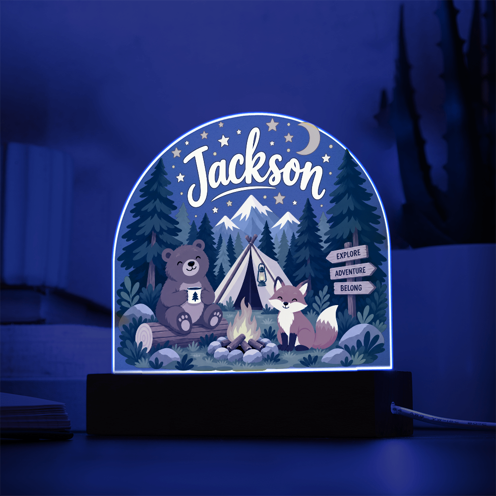 Personalized Woodland Camping LED Night Light – Custom Name Acrylic Plaque for Kids