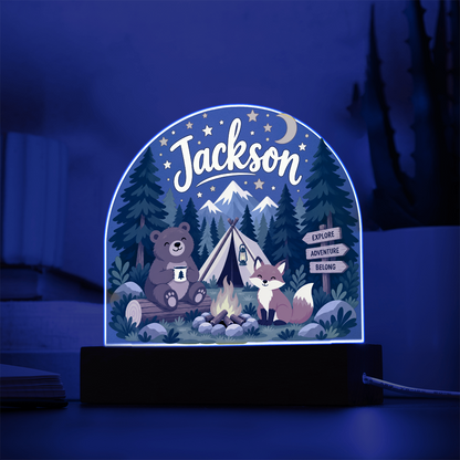 Personalized Woodland Camping LED Night Light – Custom Name Acrylic Plaque for Kids