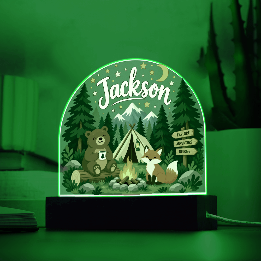 Personalized Woodland Camping LED Night Light – Custom Name Acrylic Plaque for Kids