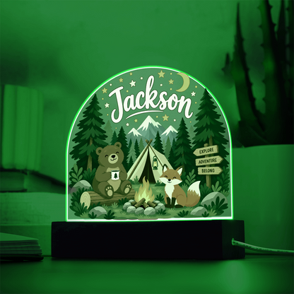 Personalized Woodland Camping LED Night Light – Custom Name Acrylic Plaque for Kids
