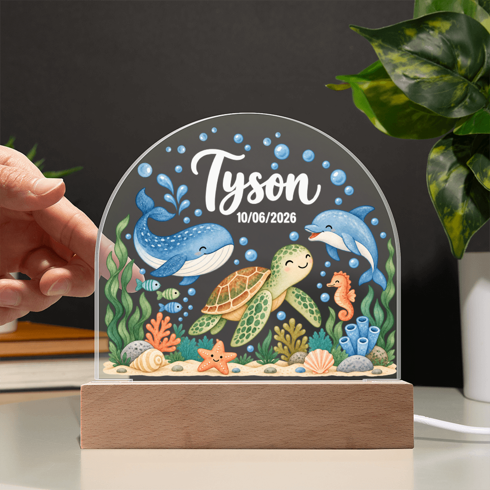 Custom Ocean Nursery LED Plaque – Personalized Name & Date Night Light