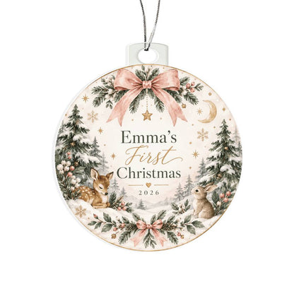 Personalized Baby's First Christmas Woodland Ornament – Custom Name & Year Keepsake